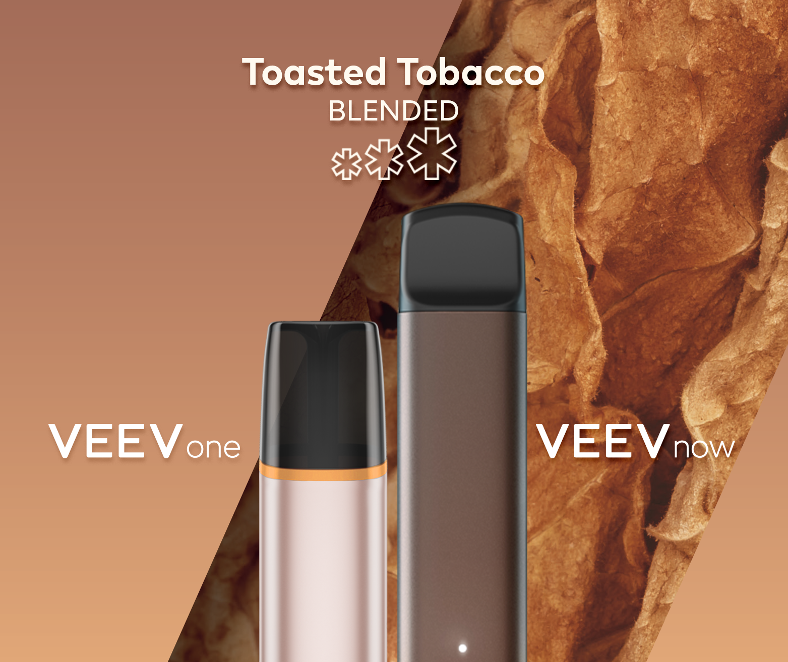 A VEEV ONE pod device and VEEV NOW disposable, both in Toasted Tobacco flavour.